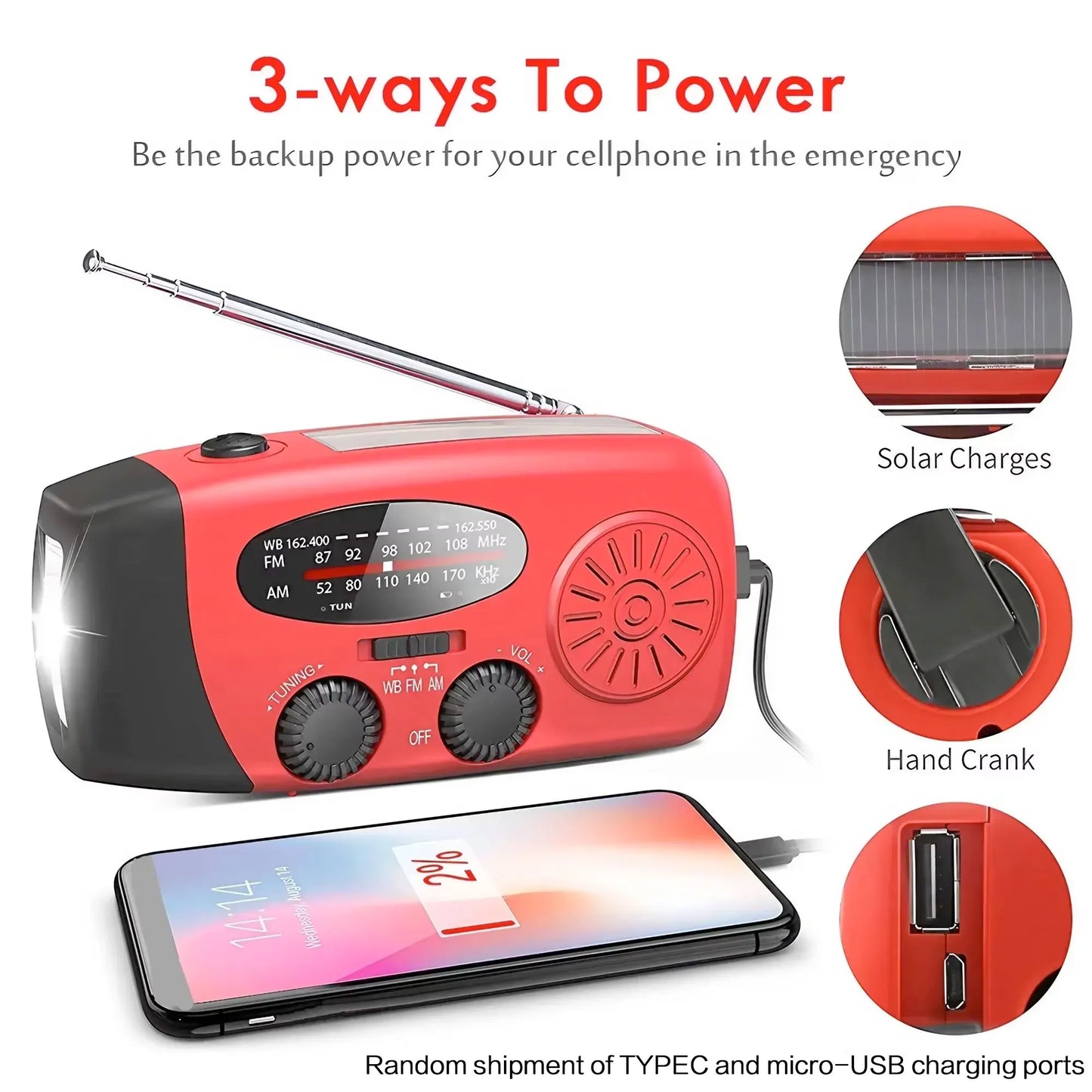 Survival Kit - STONEGO 2000mAh Emergency Weather Radio – Portable AM/FM Radio with Solar, Hand Crank & USB Charging, Power Bank & Flashlight