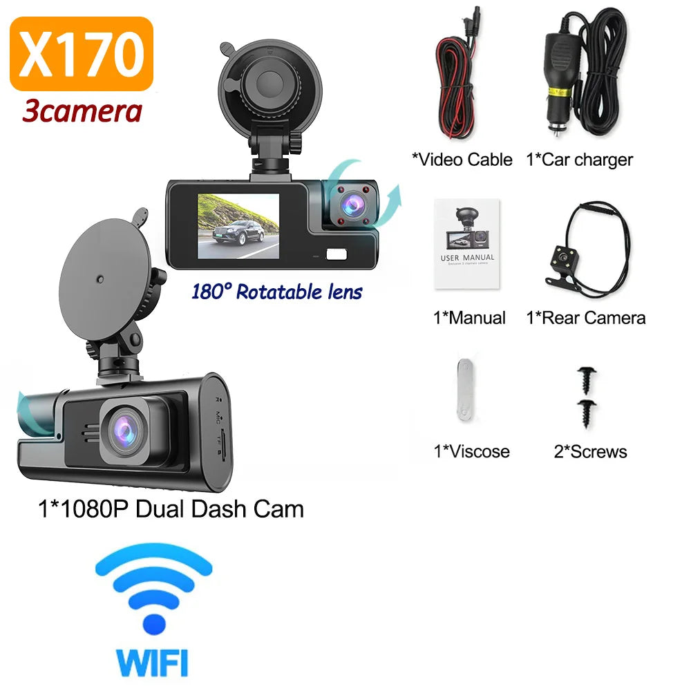 🚗📸 Safety - 3-Camera Dash Cam for Car – Front & Rear 1080P Video Recorder 📡 WiFi Enabled | Night Vision | Dual Lens DVR | Essential Car Accessory