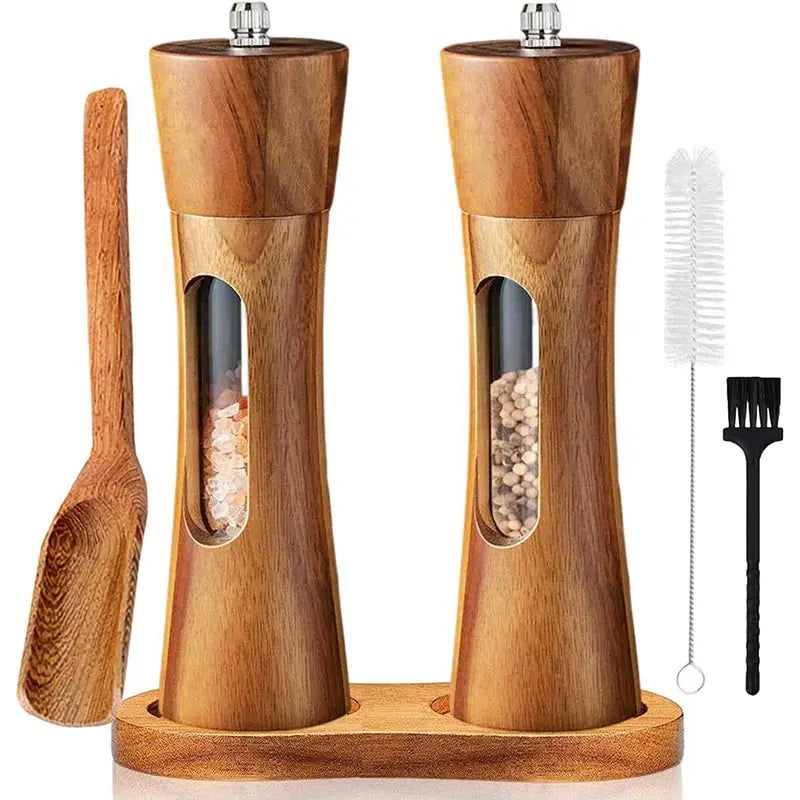 🧂 8-Inch Wooden Salt & Pepper Grinder Set with Base – Manual Mills with Ceramic Core & Transparent Window | Kitchen Spice Shakers