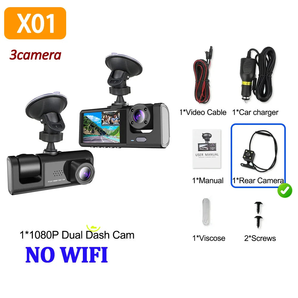 🚗📸 Safety - 3-Camera Dash Cam for Car – Front & Rear 1080P Video Recorder 📡 WiFi Enabled | Night Vision | Dual Lens DVR | Essential Car Accessory