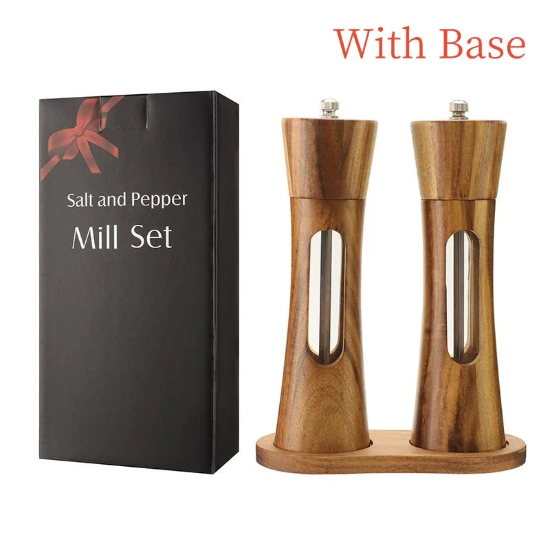 🧂 8-Inch Wooden Salt & Pepper Grinder Set with Base – Manual Mills with Ceramic Core & Transparent Window | Kitchen Spice Shakers