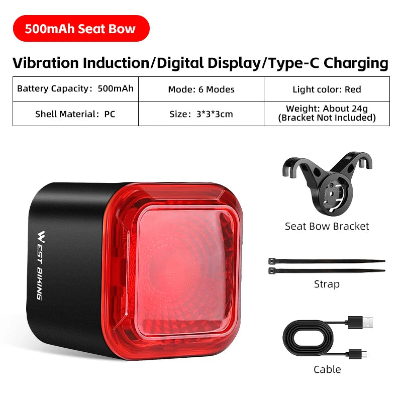 WEST BIKING Bicycle Rear Light 🚴♂️ Brake Sensing ⚡ Digital Power Display 🔋 Auto Start/Stop ⏯️ Long Endurance 🔥 Taillight Cycling Accessories