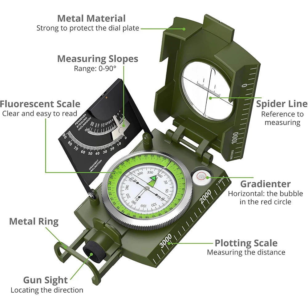 Survival Kit - Multifunctional High-Precision Military Compass – Waterproof Metal Outdoor Survival & Camping Compass with Fluorescent Dial and Geological Features