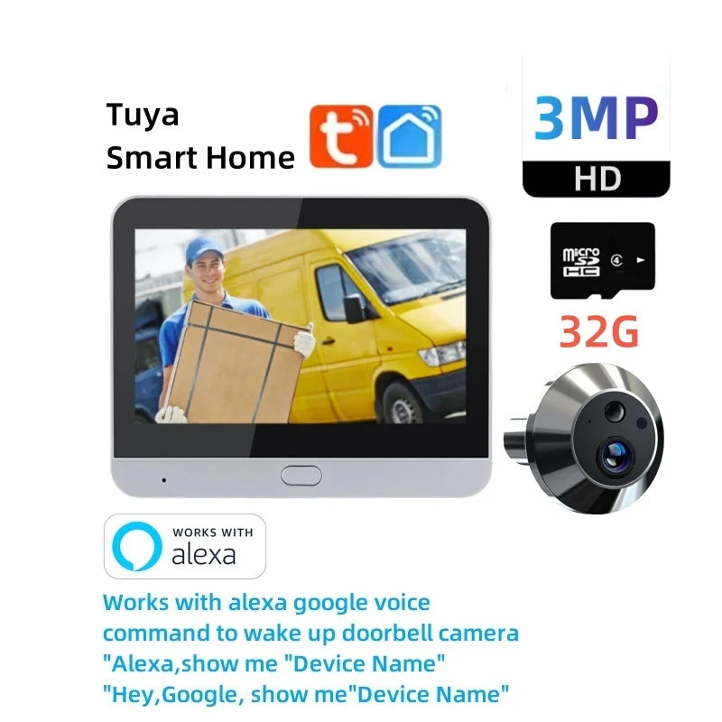 🔒Security - Tuya Smart 3MP WiFi Peephole Video Door Camera 📹 4.3" HD Display | 🌙 Night Vision | 🎤 One-way Audio | 🔐 Home Security