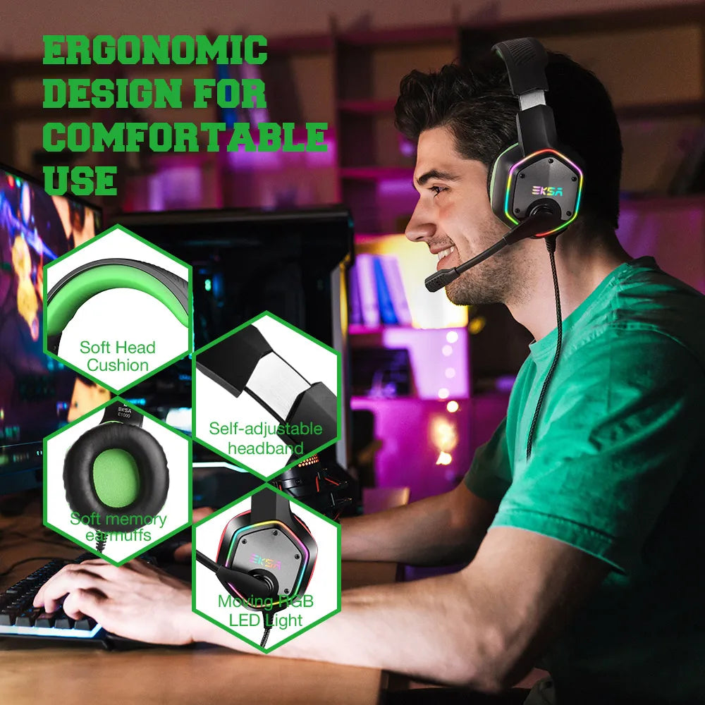 Gaming Headphones EKSA E1000 7.1 Surround Sound RGB Wired USB Headset with Noise Cancelling Mic – Compatible with PC, PS4, PS5