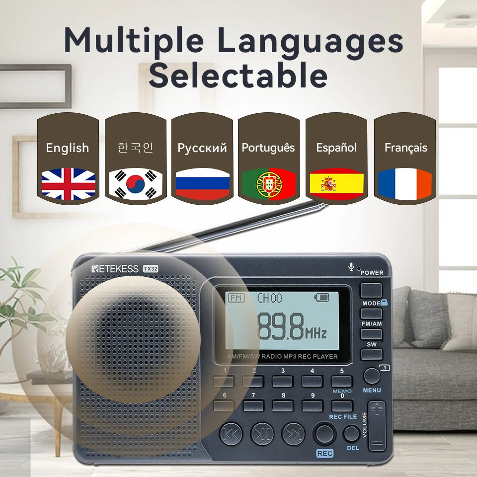 RETEKESS V115 Compact Radio – Multi-Band FM AM SW, Rechargeable with USB Recording & Loudspeaker for Elders