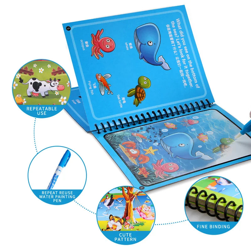📚✨ Magic Water Drawing Book – Reusable Montessori Sensory Toy