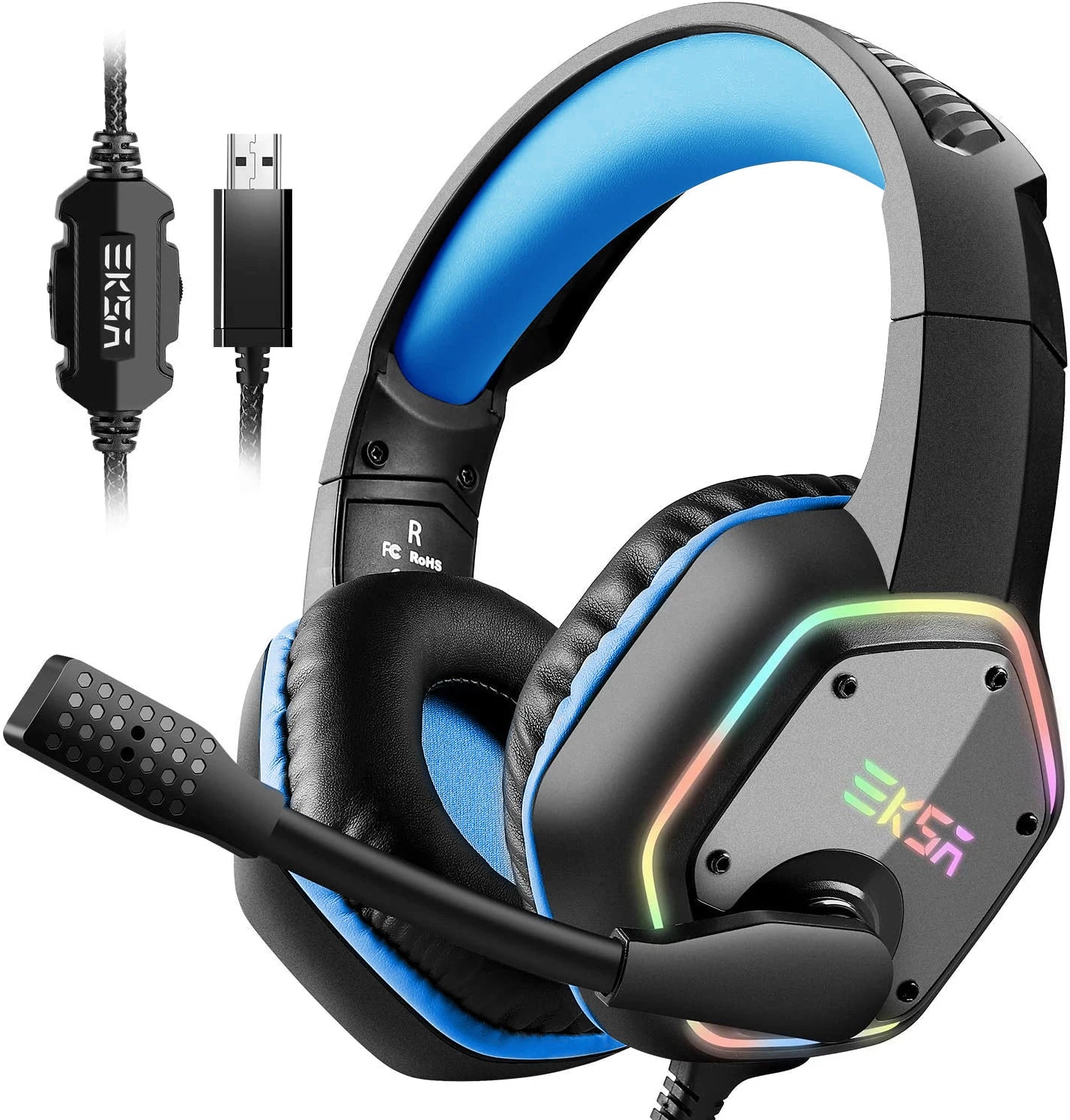 Gaming Headphones EKSA E1000 7.1 Surround Sound RGB Wired USB Headset with Noise Cancelling Mic – Compatible with PC, PS4, PS5
