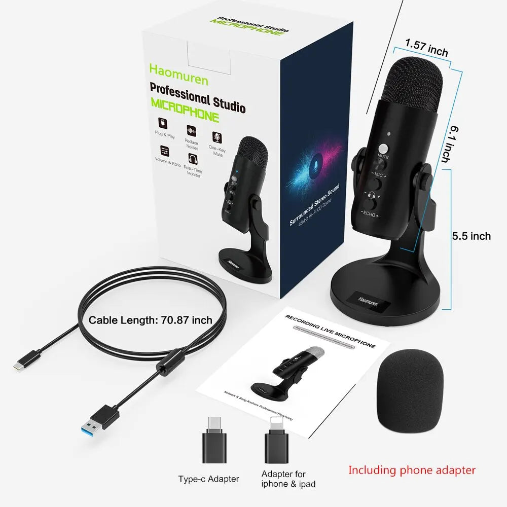🎙️ Professional Condenser Microphone for Recording, Streaming & Podcasting – With Phone Adapter & Headphone Output