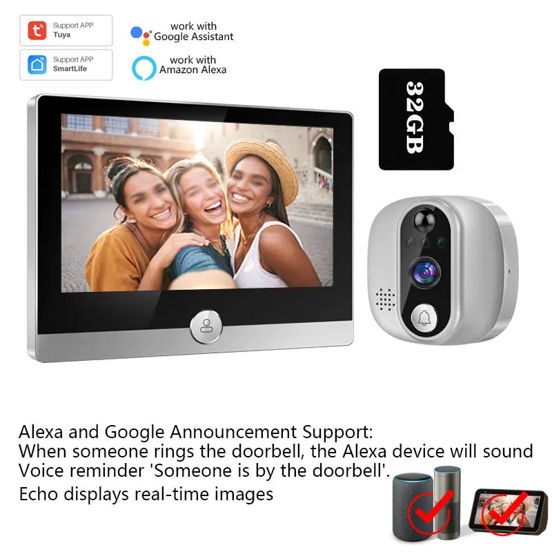 🔔 Security - Tuya Smart WiFi Video Doorbell – 1080P Peephole Camera with 4.3" Display