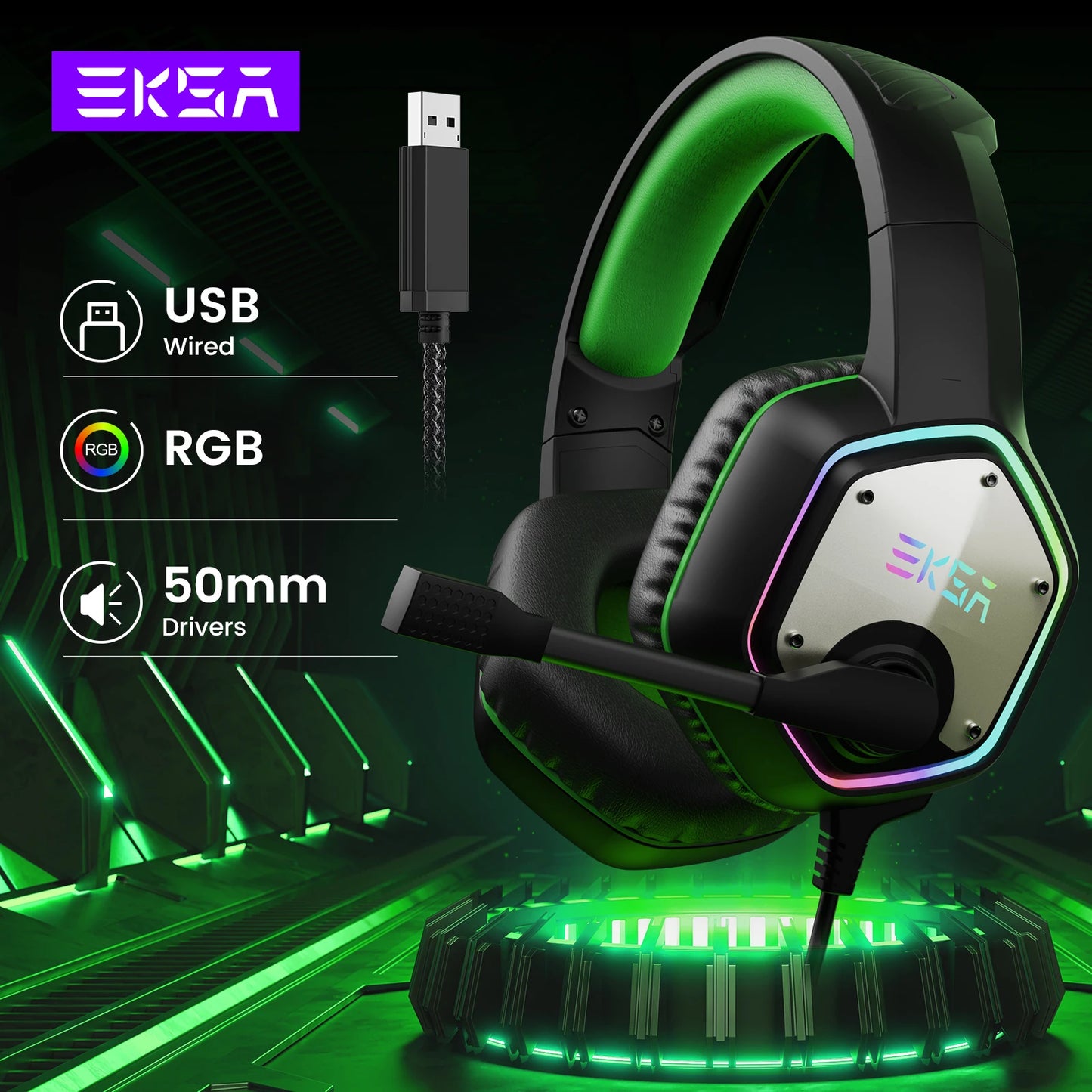 Gaming Headphones EKSA E1000 7.1 Surround Sound RGB Wired USB Headset with Noise Cancelling Mic – Compatible with PC, PS4, PS5
