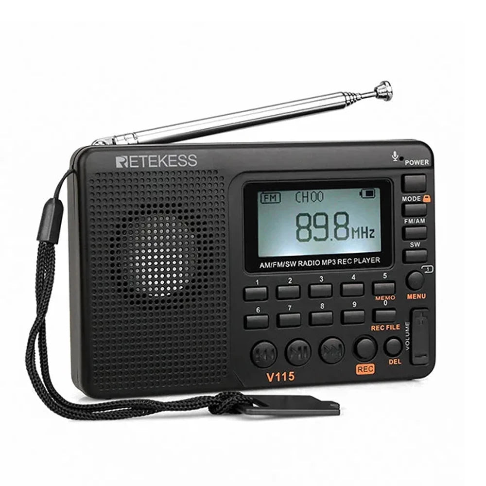 RETEKESS V115 Compact Radio – Multi-Band FM AM SW, Rechargeable with USB Recording & Loudspeaker for Elders