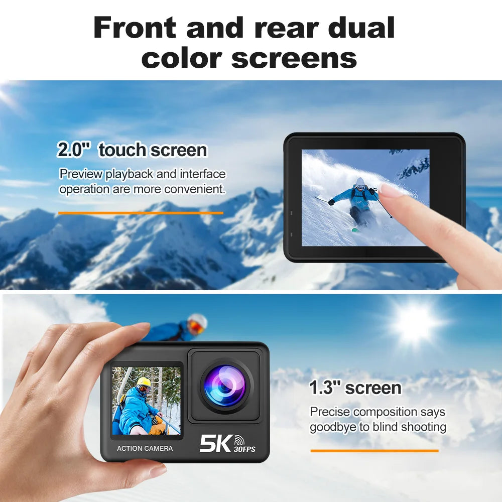 📷 5K Action Camera | 4K60FPS | 🖥️ 2.0" Touch Screen | 🌐 Wi-Fi | 🔭 170° Wide Angle | 💧 30M Waterproof | 🏍️ Helmet Sports Video Recorder