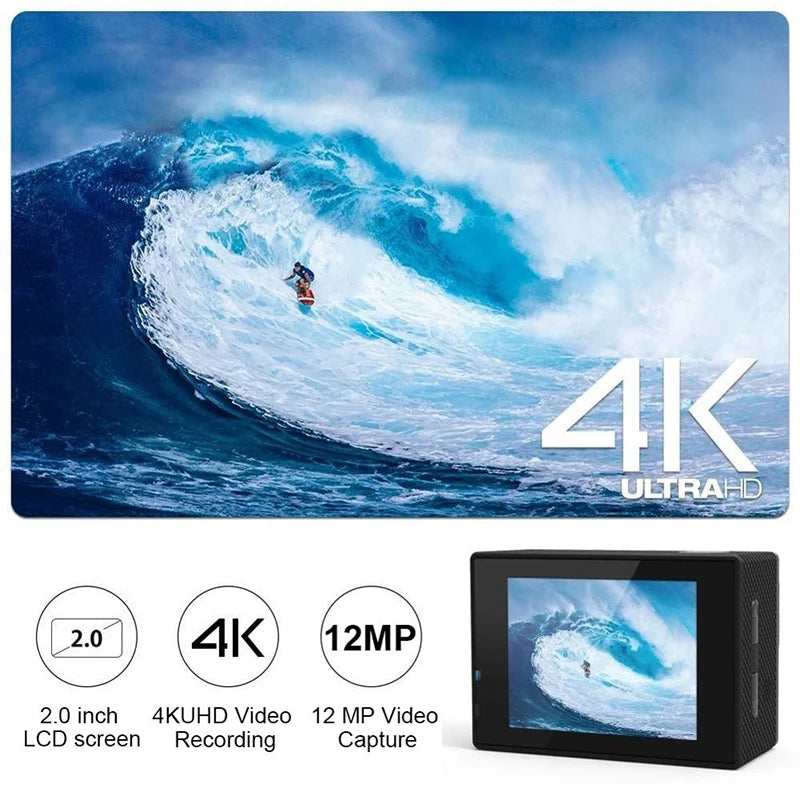 🎥 4K Action Camera — 1080P@30FPS, WiFi, 2.0" Screen, 170° Wide Angle, Waterproof