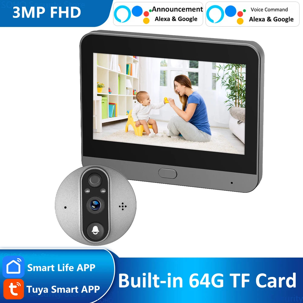 🔔 Security - 4.3" 3MP WiFi Digital Eye Doorbell Peephole Viewer | Tuya Smart Life APP | Battery Powered | 2.4GHz | PIR Camera | Alexa & Google Compatible | Audio & Video