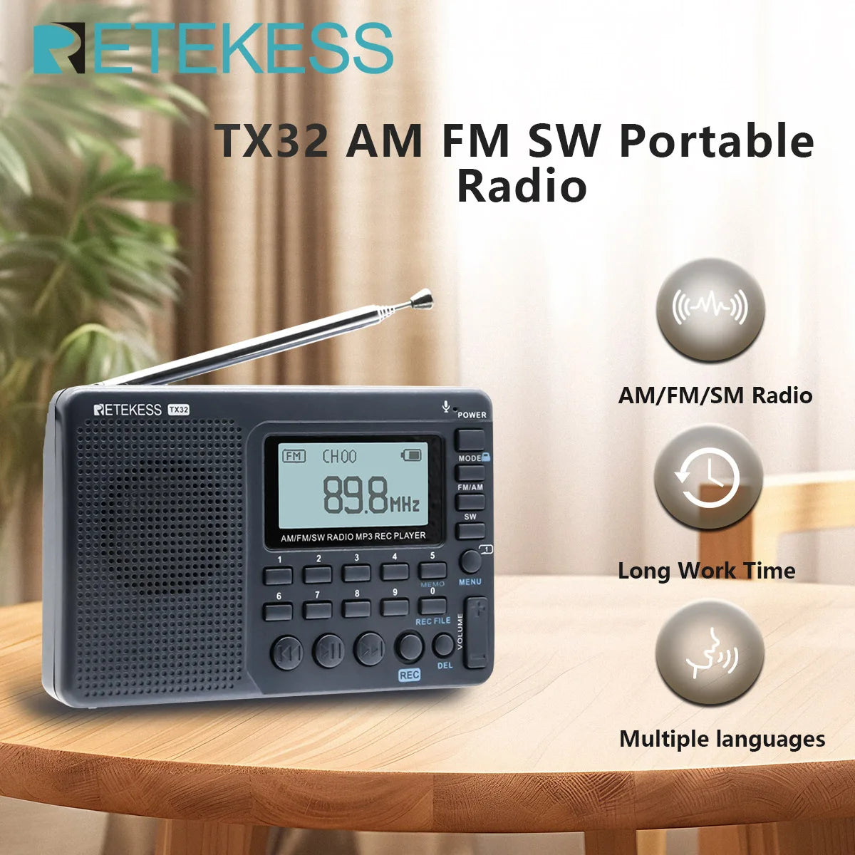 RETEKESS V115 Compact Radio – Multi-Band FM AM SW, Rechargeable with USB Recording & Loudspeaker for Elders