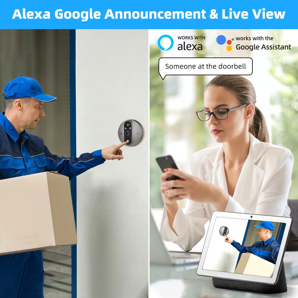 🔔 Security - 4.3" 3MP WiFi Digital Eye Doorbell Peephole Viewer | Tuya Smart Life APP | Battery Powered | 2.4GHz | PIR Camera | Alexa & Google Compatible | Audio & Video