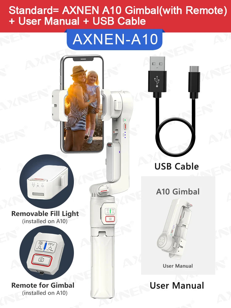 📱 AXNEN A10 Handheld Smartphone Gimbal Stabilizer with Fill Light – Extension Rod & Remote Selfie Stick for iPhone, Samsung & Android Devices