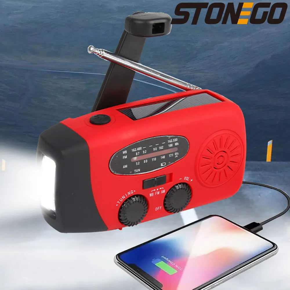 Survival Kit - STONEGO 2000mAh Emergency Weather Radio – Portable AM/FM Radio with Solar, Hand Crank & USB Charging, Power Bank & Flashlight