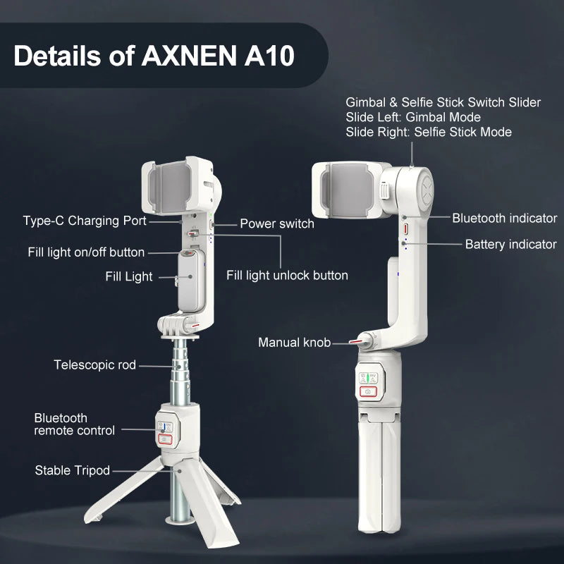 📱 AXNEN A10 Handheld Smartphone Gimbal Stabilizer with Fill Light – Extension Rod & Remote Selfie Stick for iPhone, Samsung & Android Devices