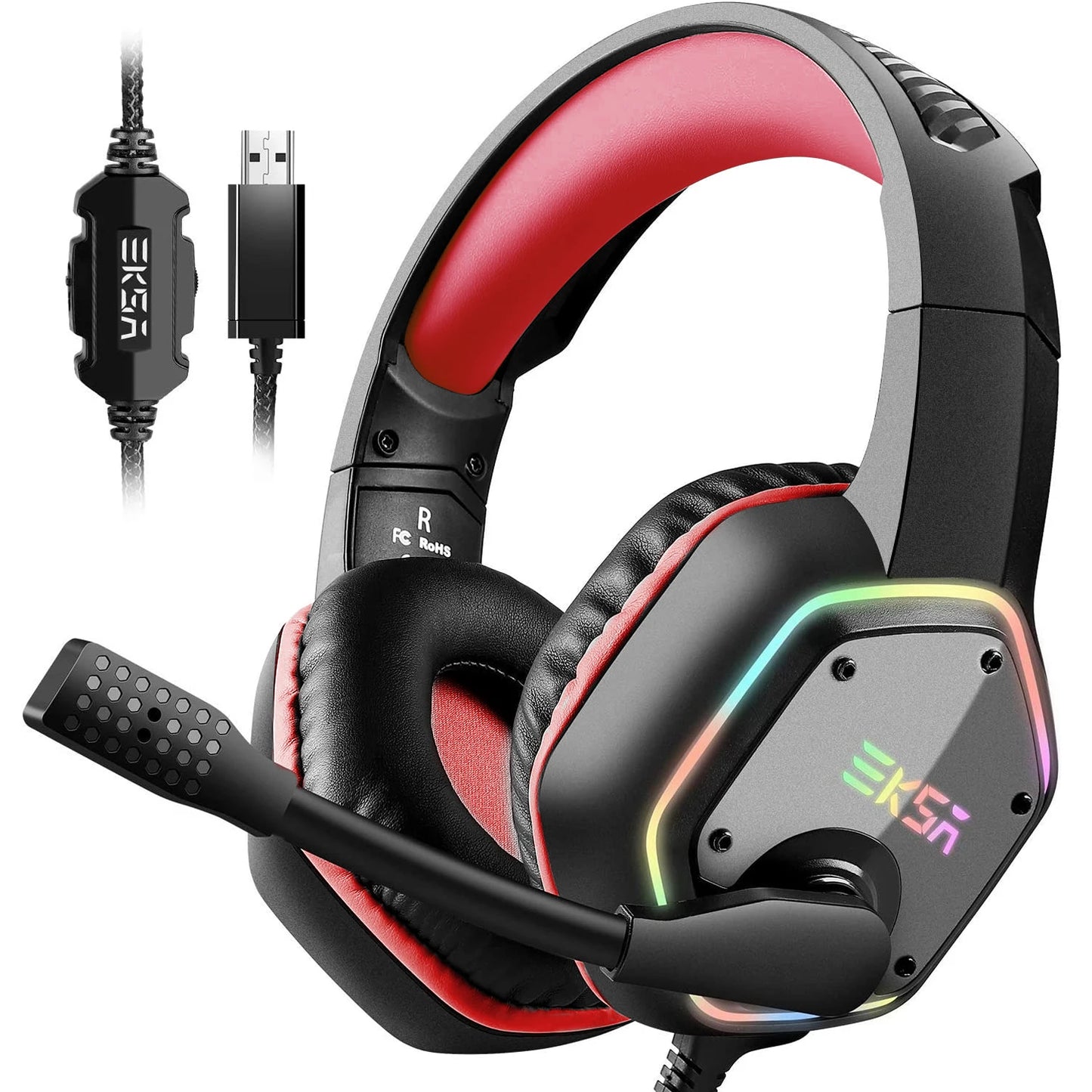 Gaming Headphones EKSA E1000 7.1 Surround Sound RGB Wired USB Headset with Noise Cancelling Mic – Compatible with PC, PS4, PS5