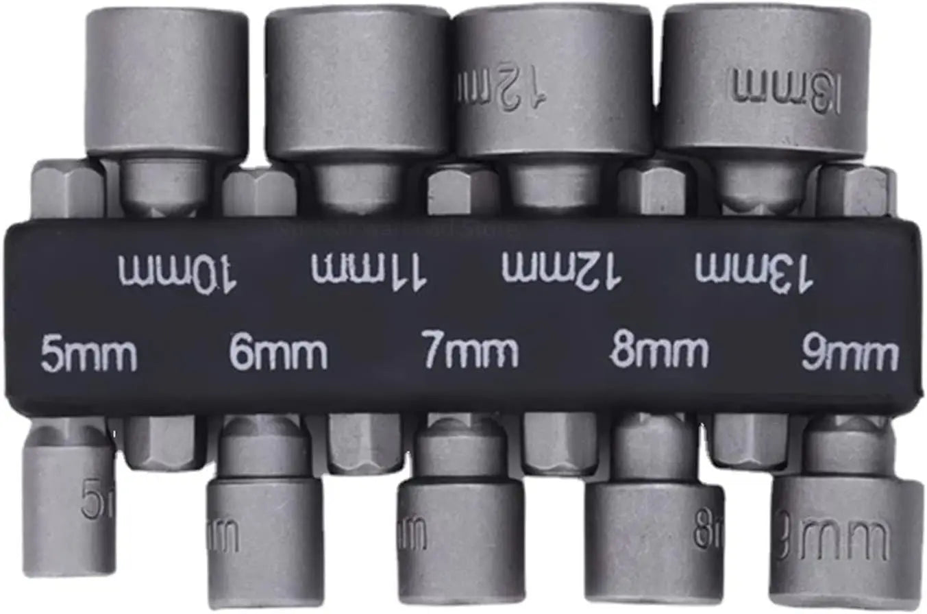 🔩 9PCS Hex Socket Nut Driver Set (5mm–13mm) Multi-Size Sleeve Nozzles | Durable Chrome Vanadium Steel | Universal Fit for Power Tools