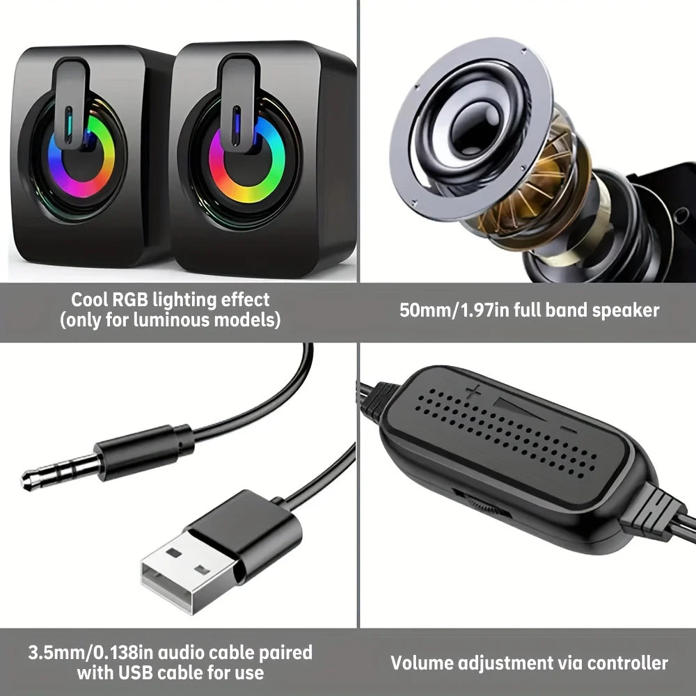 🔊 HiFi Stereo USB Wired Computer Speakers with LED Light & Built-in Microphone – PC Desktop Sound Box