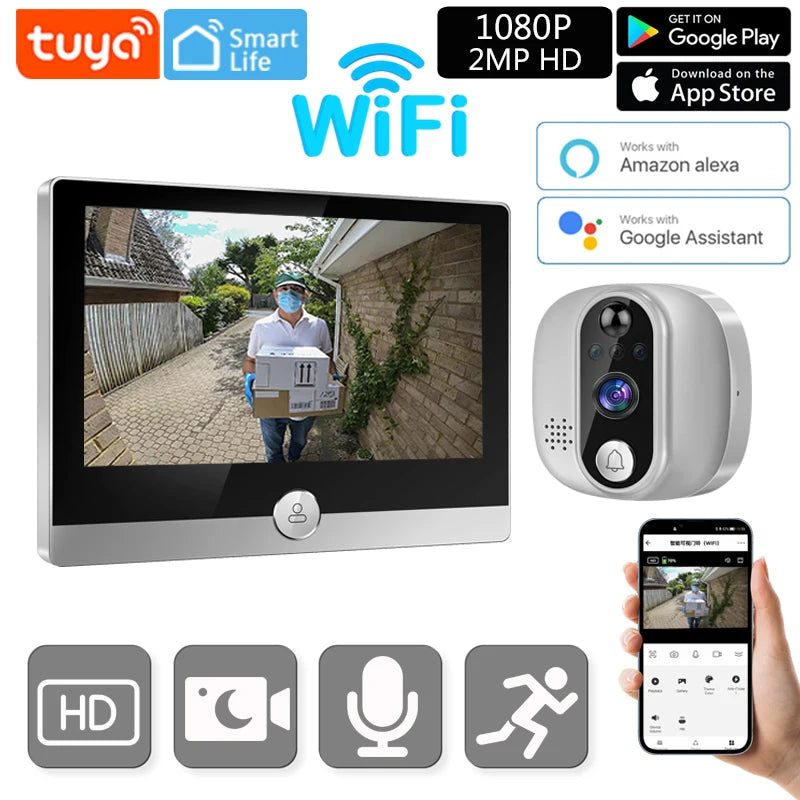 🔔 Security - Tuya Smart WiFi Video Doorbell – 1080P Peephole Camera with 4.3" Display
